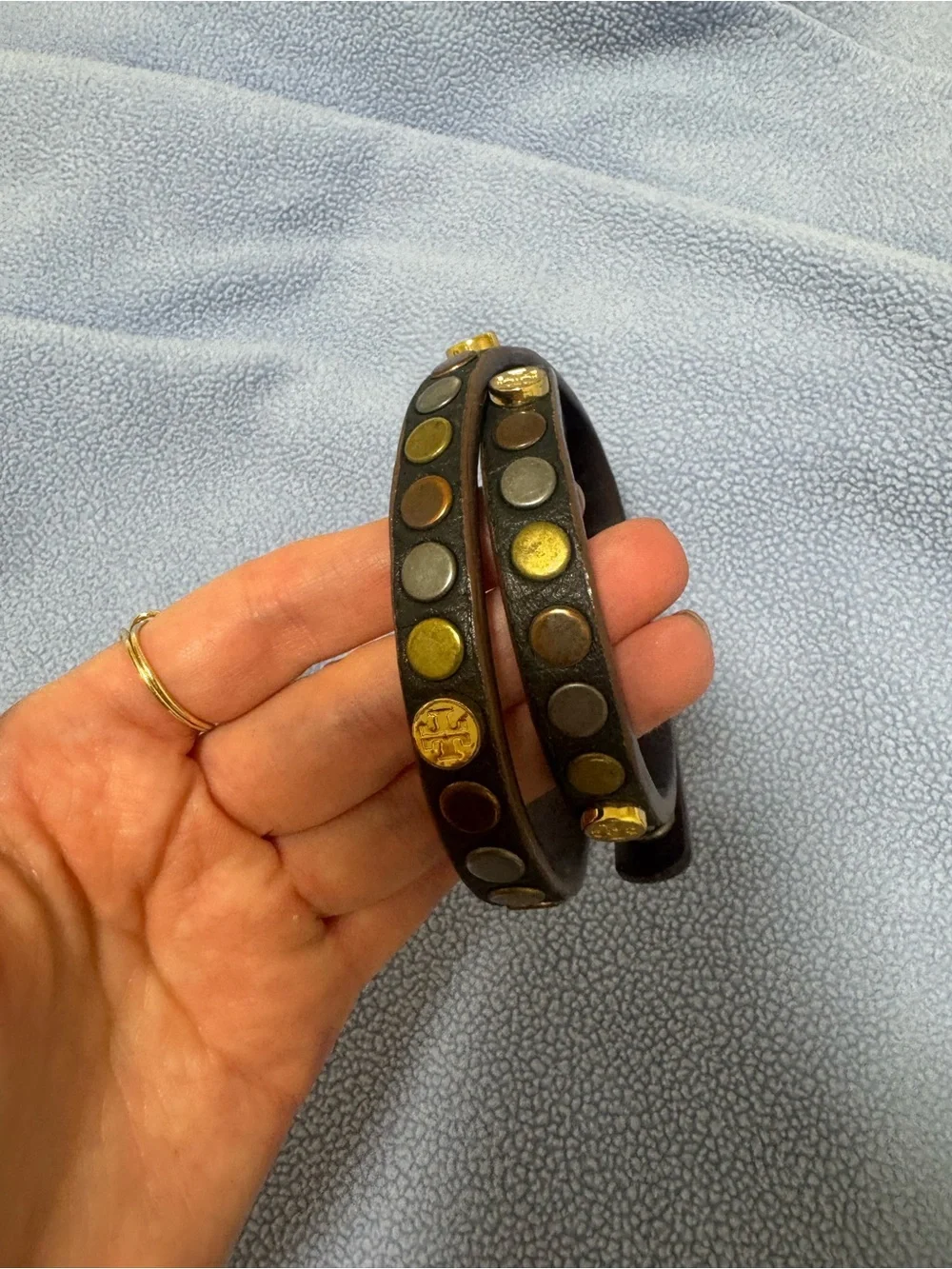 Tory Burch Brown Leather Wrap Bracelet with Gold and Silver Studs